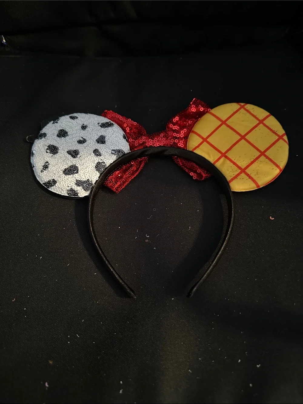 Toy Story Sequin Bow Ear Headband - Red Bow, Yellow & Blue Ears
